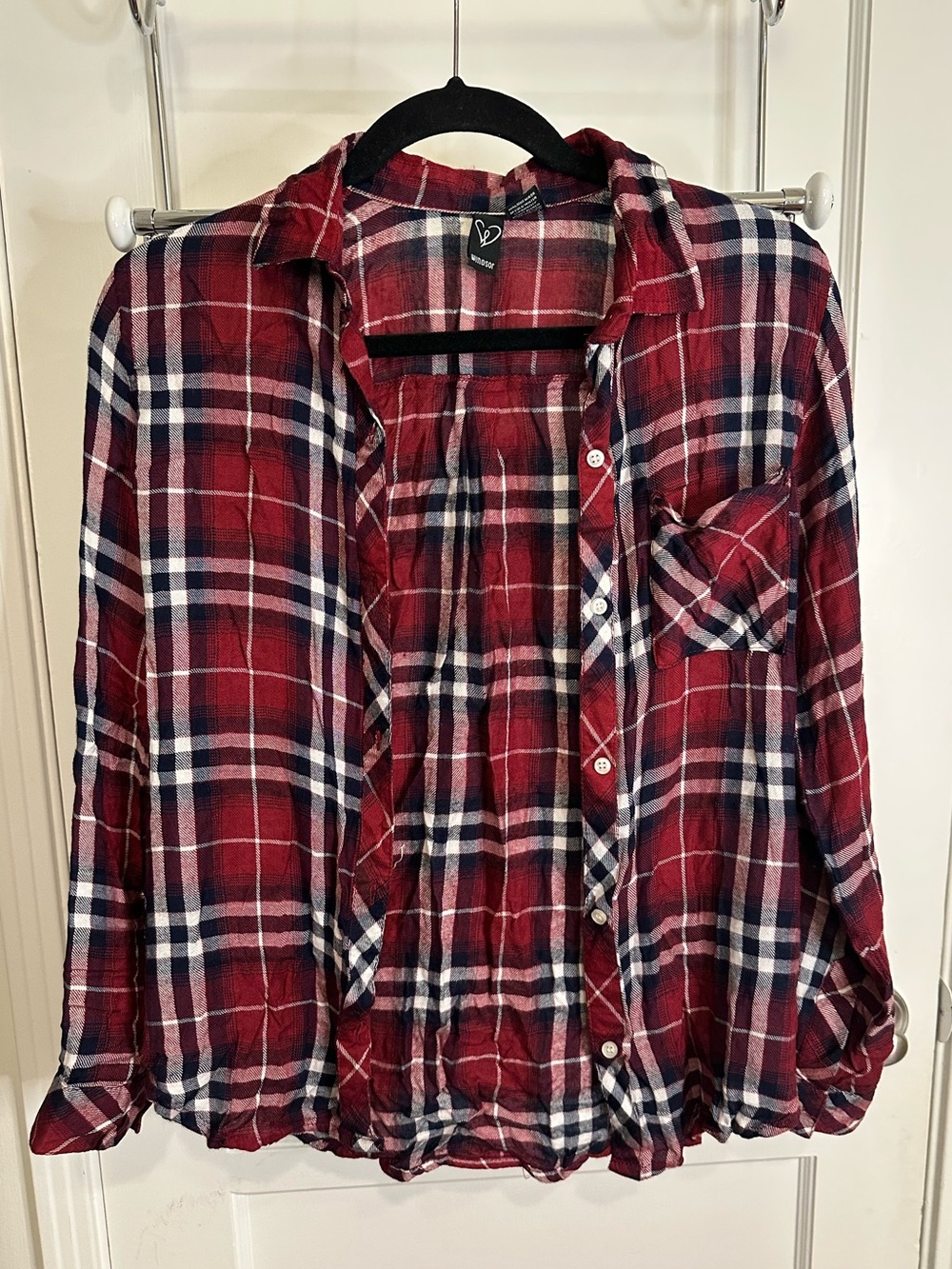 Women’s Red Plaid Button-Up Shirt with Navy and White Accents